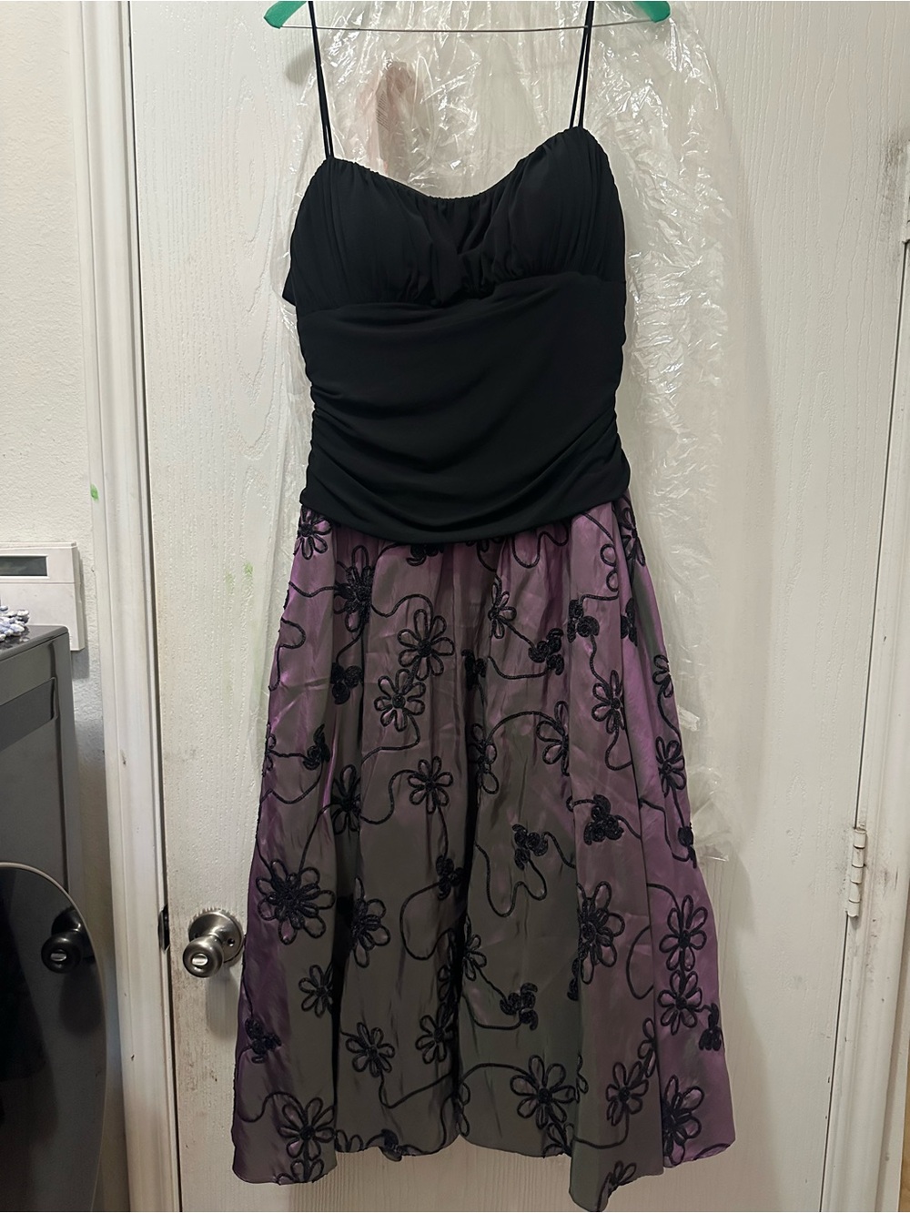 Black Spaghetti Strap Dress with Purple Floral Skirt
